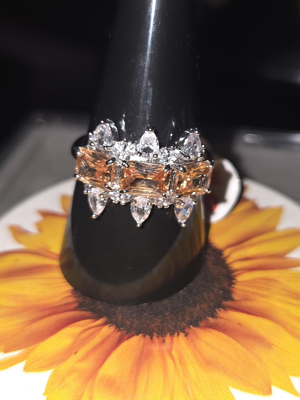 Silver-Tone Orange Crystal Cluster Ring